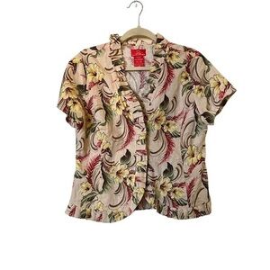 Oscar by Oscar de la Renta pink & green ruffled trim linen top